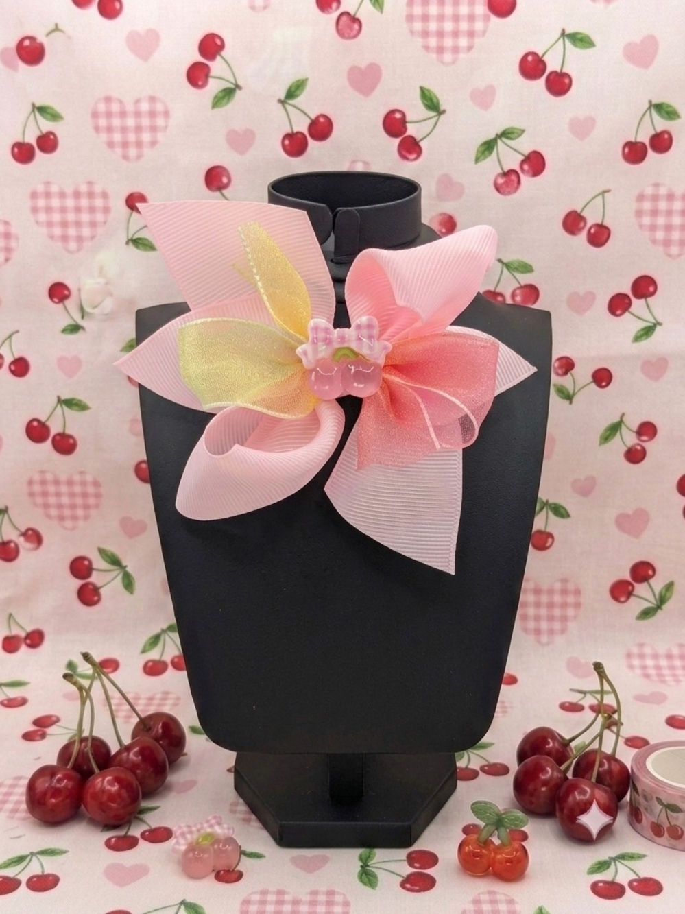 Light Pink Medium Size Cherry Themed Hairbow
